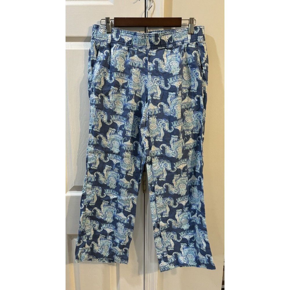 Lilly Pulitzer Florita Pants 100% Linen Pockets‎ Elephants Wide Leg Women's Sz M